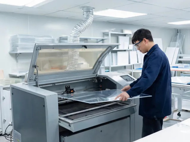 Mid-size CO2 laser engraving machine in a production cell